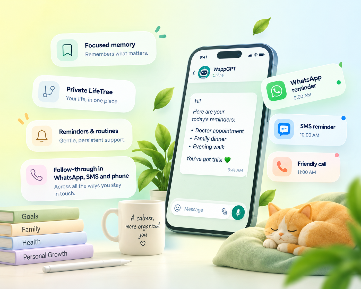 WappGPT in WhatsApp, with focused memory, LifeTree, routines, and follow-through around the phone.