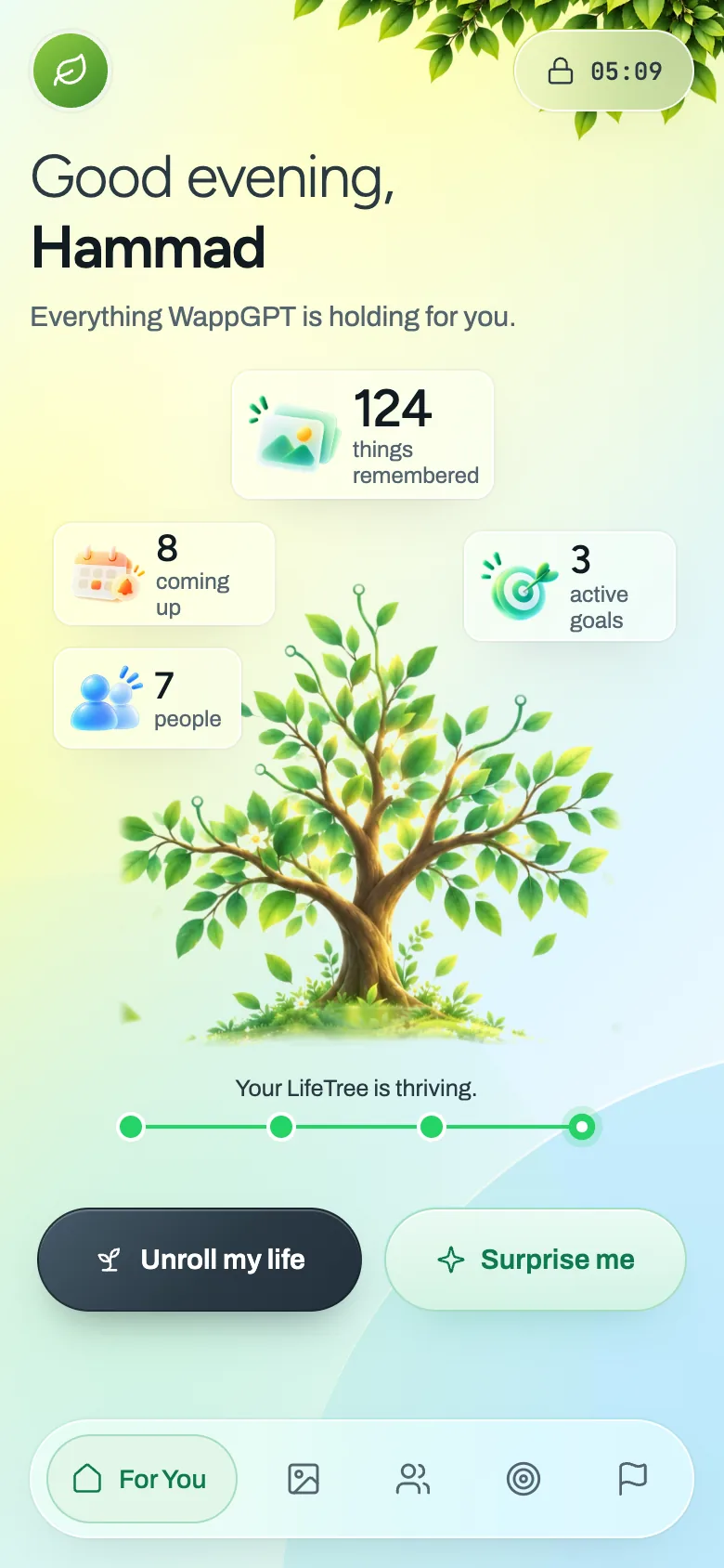 LifeTree view of saved memories, goals and upcoming reminders